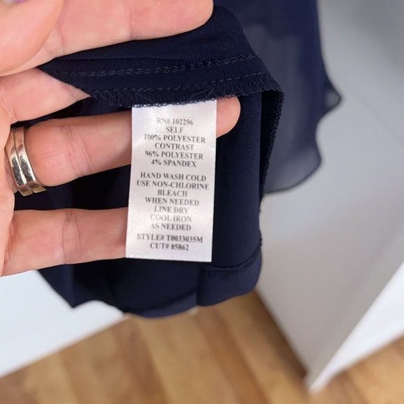 Navy blue mid length formal gown with sheer cape, draping around front and back - Picture 6 of 9